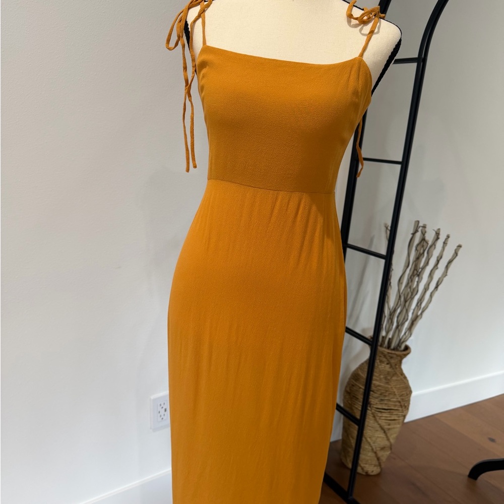 Reformation Mustard Tie-Shoulder Mid Dress